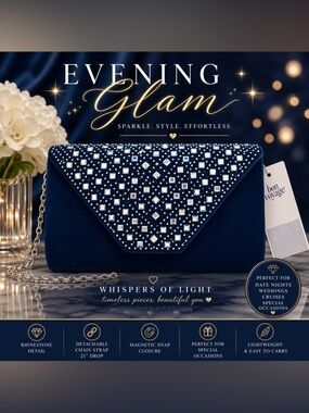 Bon Voyage Navy Blue Rhinestone Envelope Clutch Chain Bag Evening